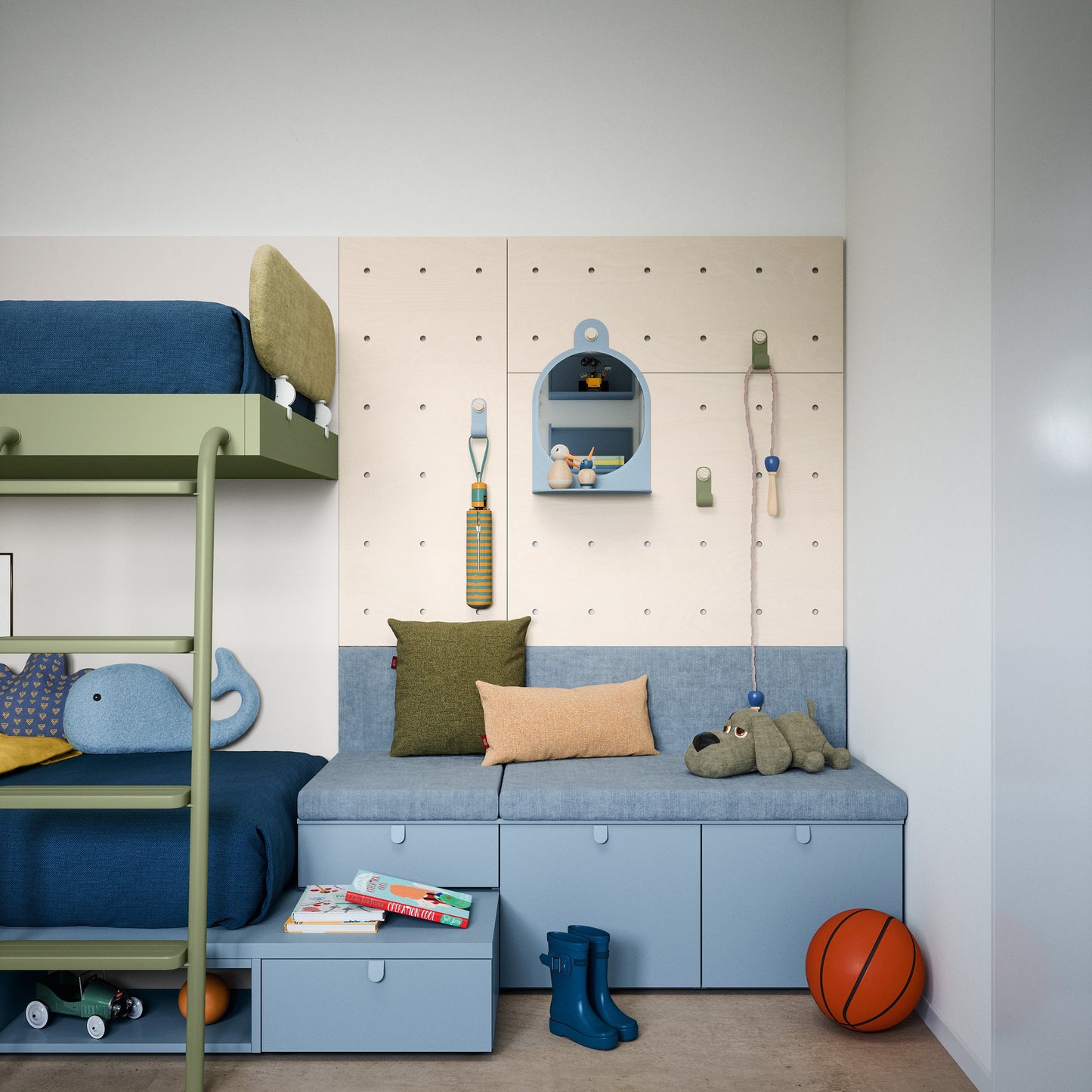 kids bunk bed in green with storage play bench and padded cushion