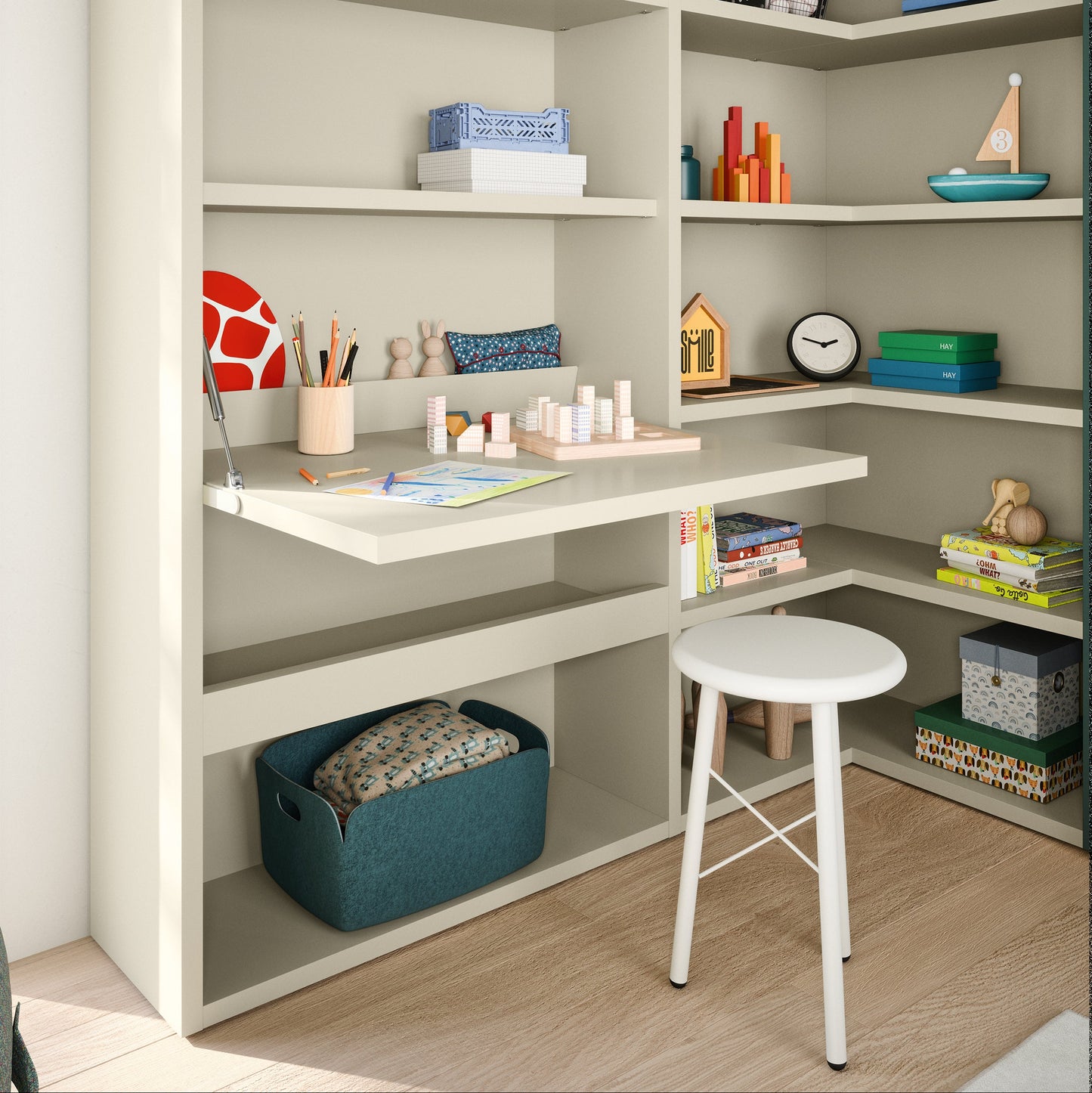 KIDS Corner bookshelf with various items including books, toys, and decorative objects.