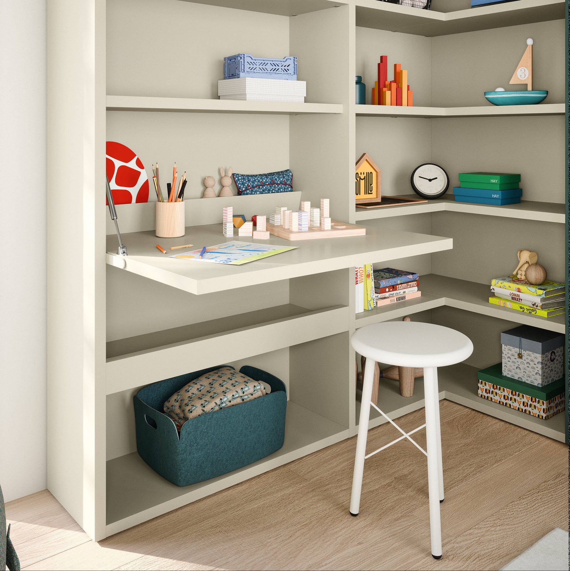 KIDS Corner bookshelf with various items including books, toys, and decorative objects.