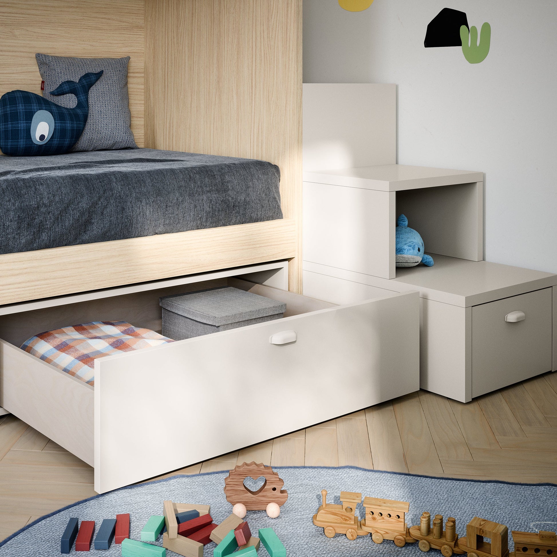 Contemporary kids room design with Nidi bed, shelving and wardrobe system