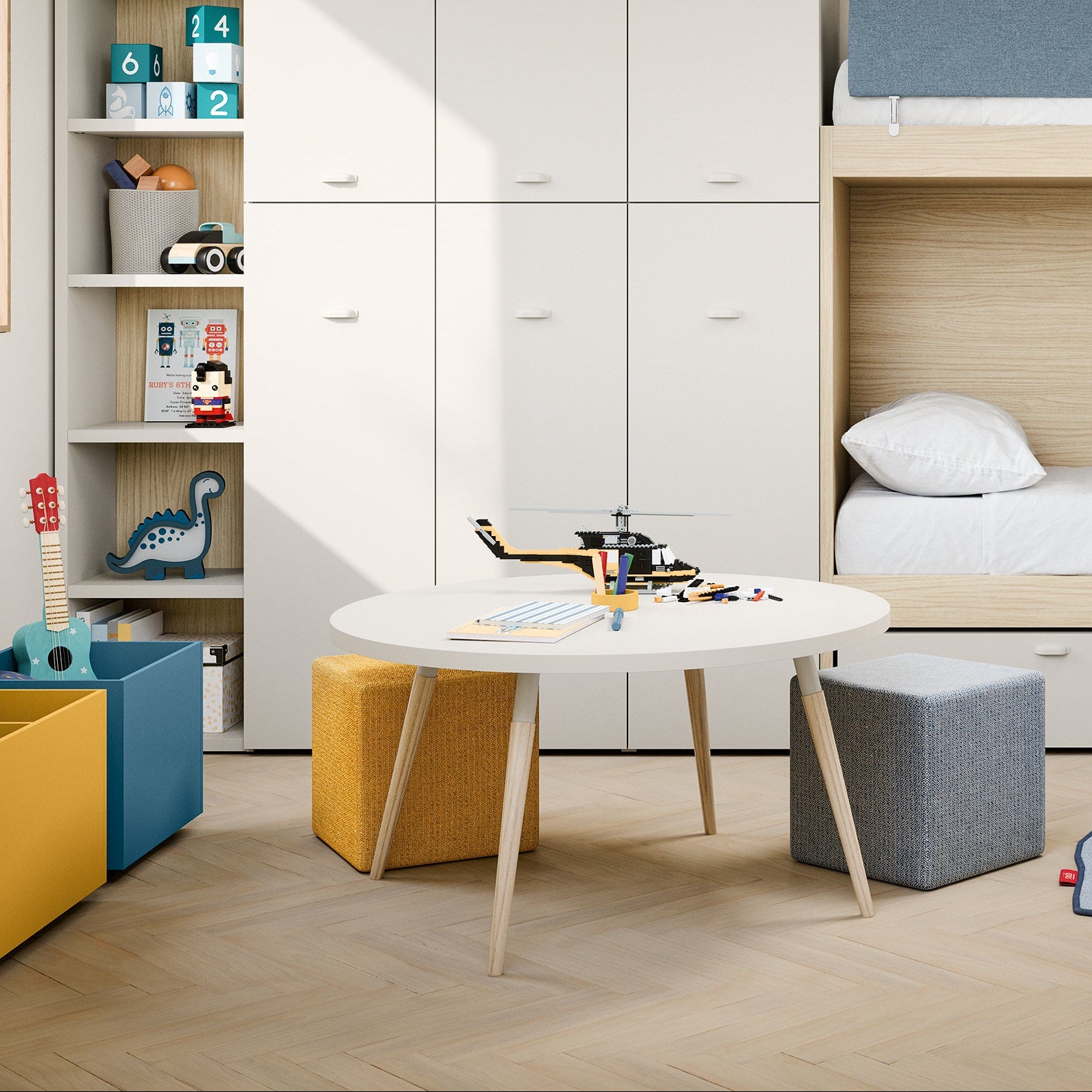 Children's room with a round table, stools, and shelves with toys.