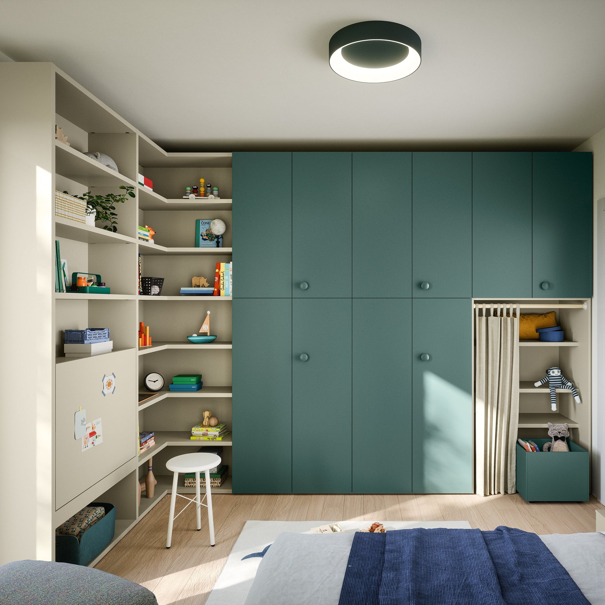 Modern bedroom with green wardrobe, shelves, and bed.