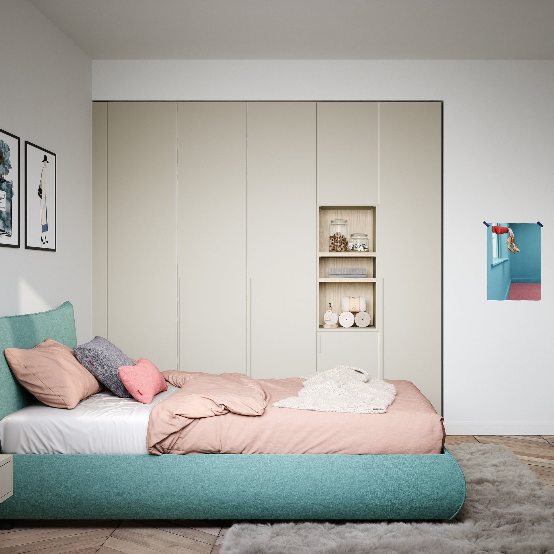 Modern bedroom with a bed, wardrobe, and decorative items.