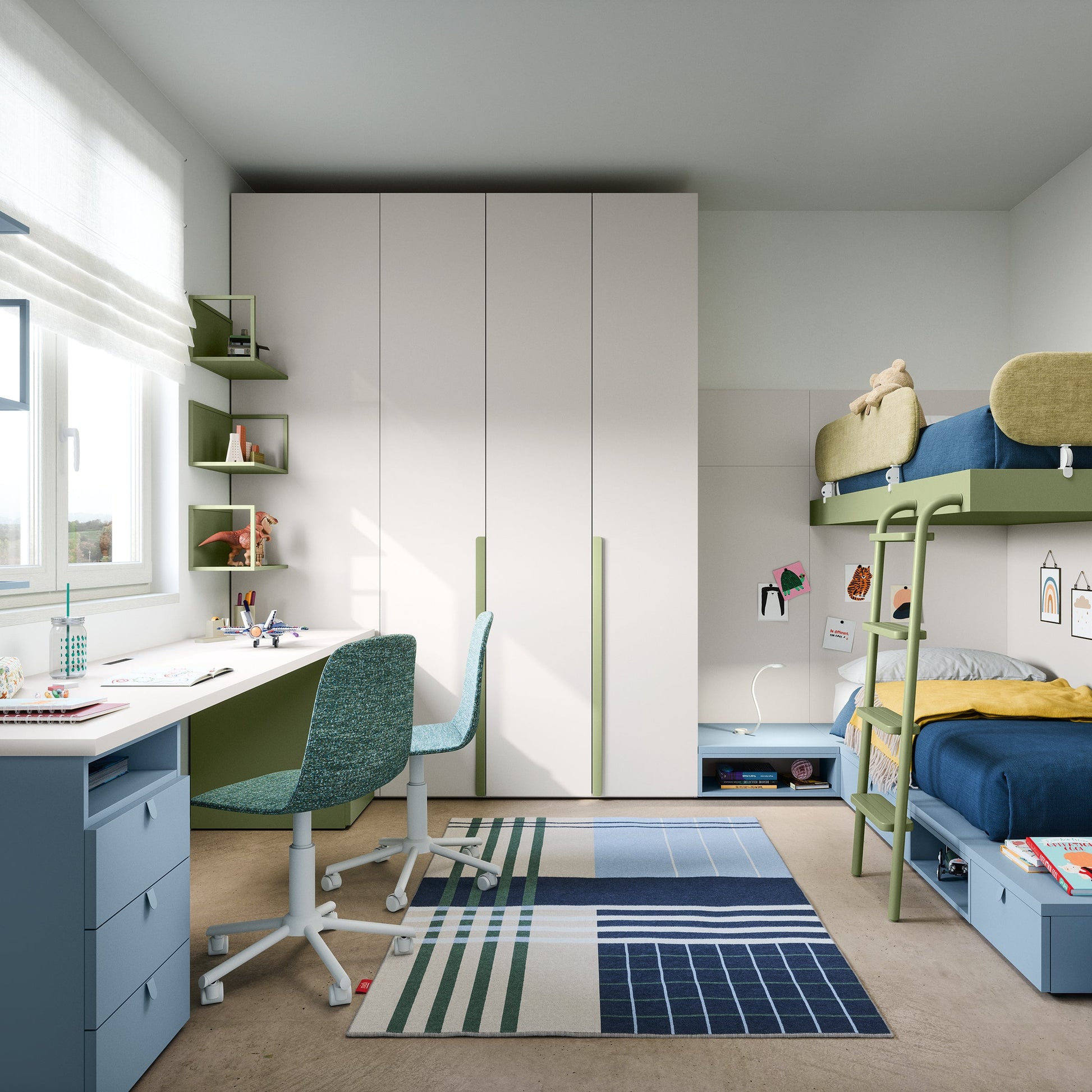 Modern bedroom with bunk bed, desk, and wardrobe