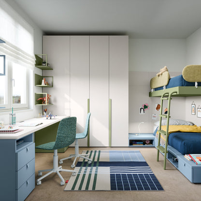 Modern bedroom with bunk bed, desk, and wardrobe