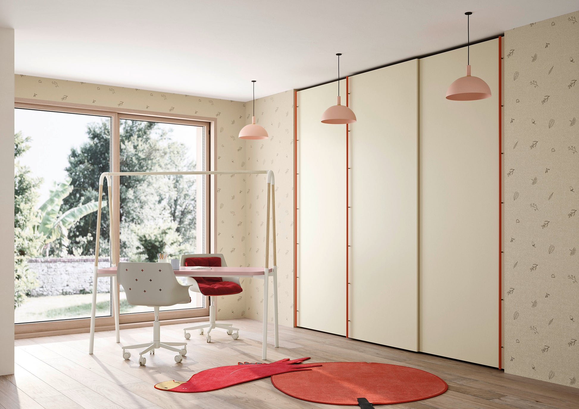 Modern interior design with sliding doors, red rug, and white furniture.