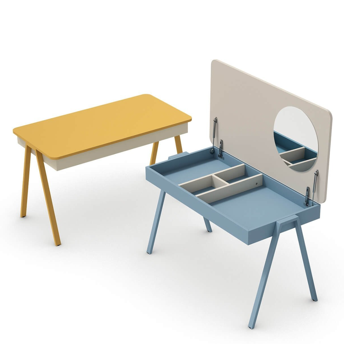 Secret desk with yellow top and blue base on a white background