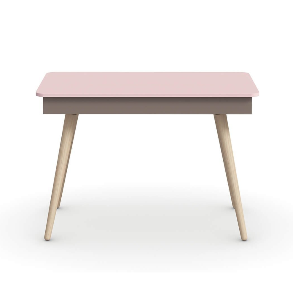 Pink table with wooden legs on a white background, featuring the brand 'nidi'.