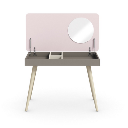 Dresser with pink top and gray base on a white background