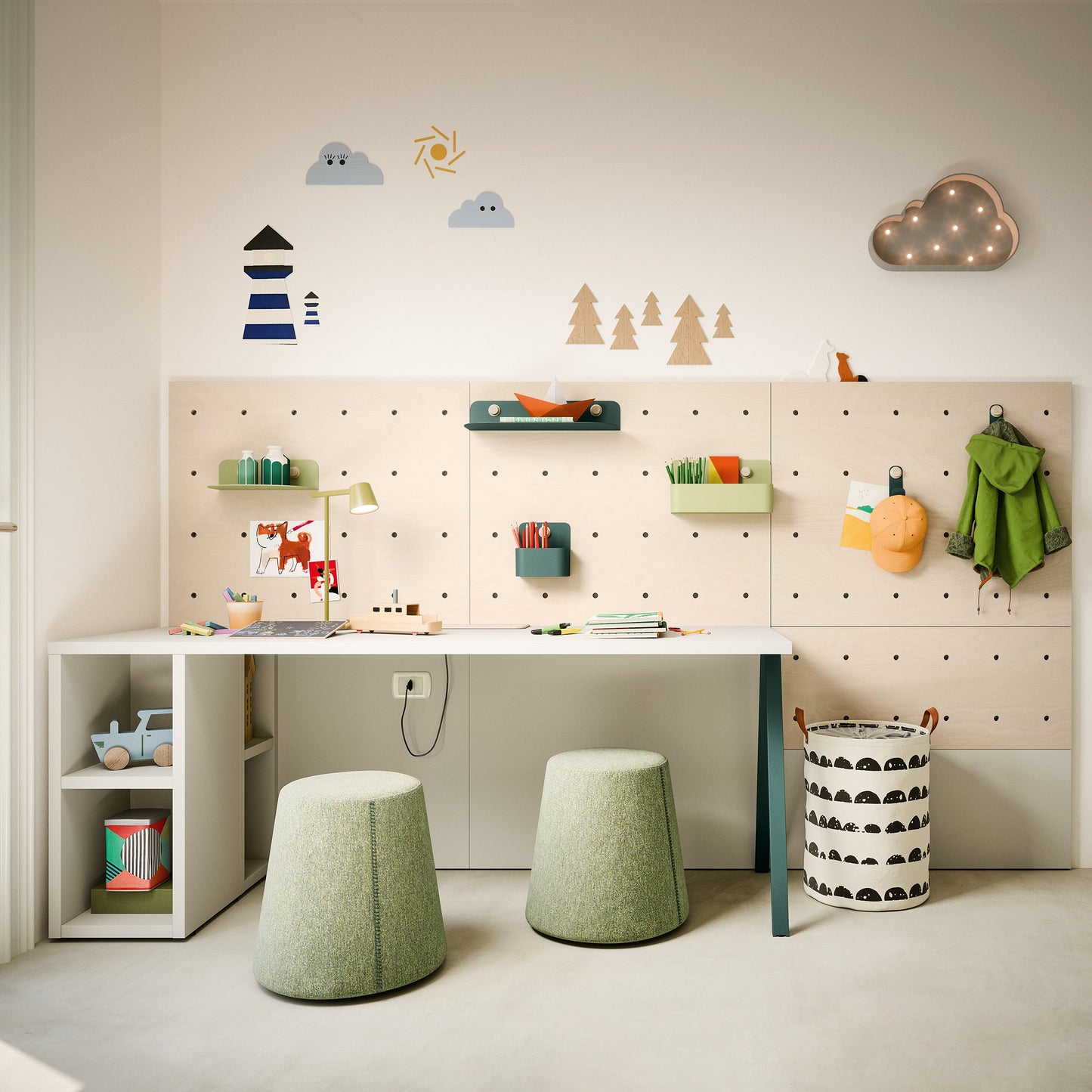 Nidi kids desk with pegboard wall, modular shelves, and twin stools in a modern children’s study space