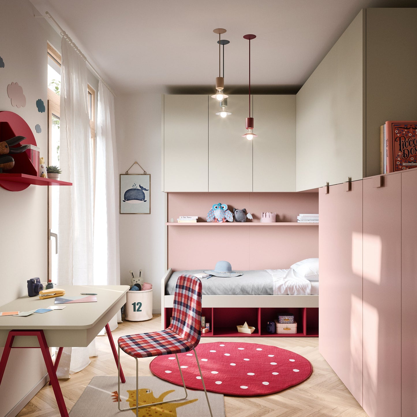 Full Nidi Kids Space 10 bedroom with study desk, plaid chair, and bed featuring red under-bed storage
