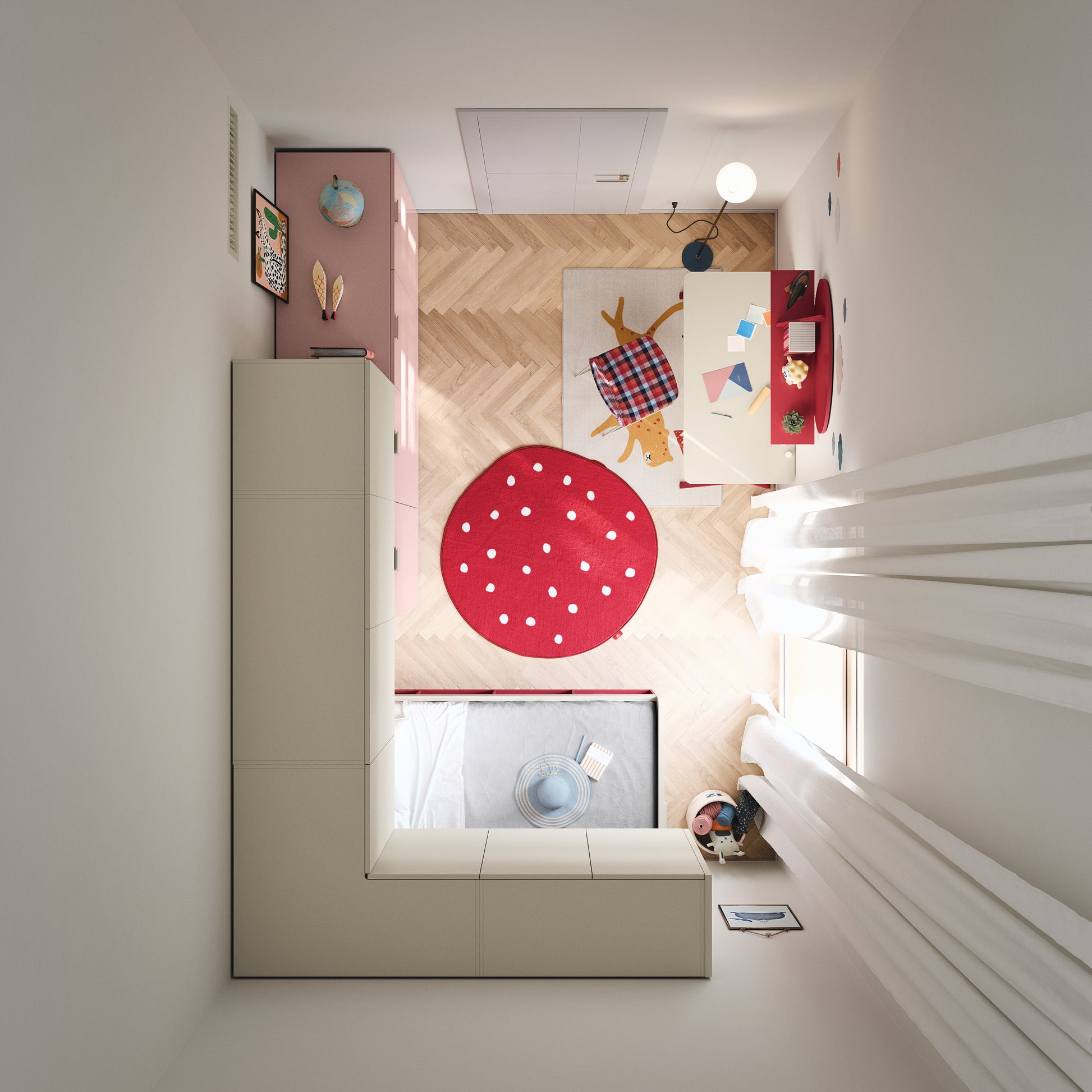 Top-view layout of Nidi Kids Space 10 bedroom showing modular wardrobes, study desk, and single bed arrangement
