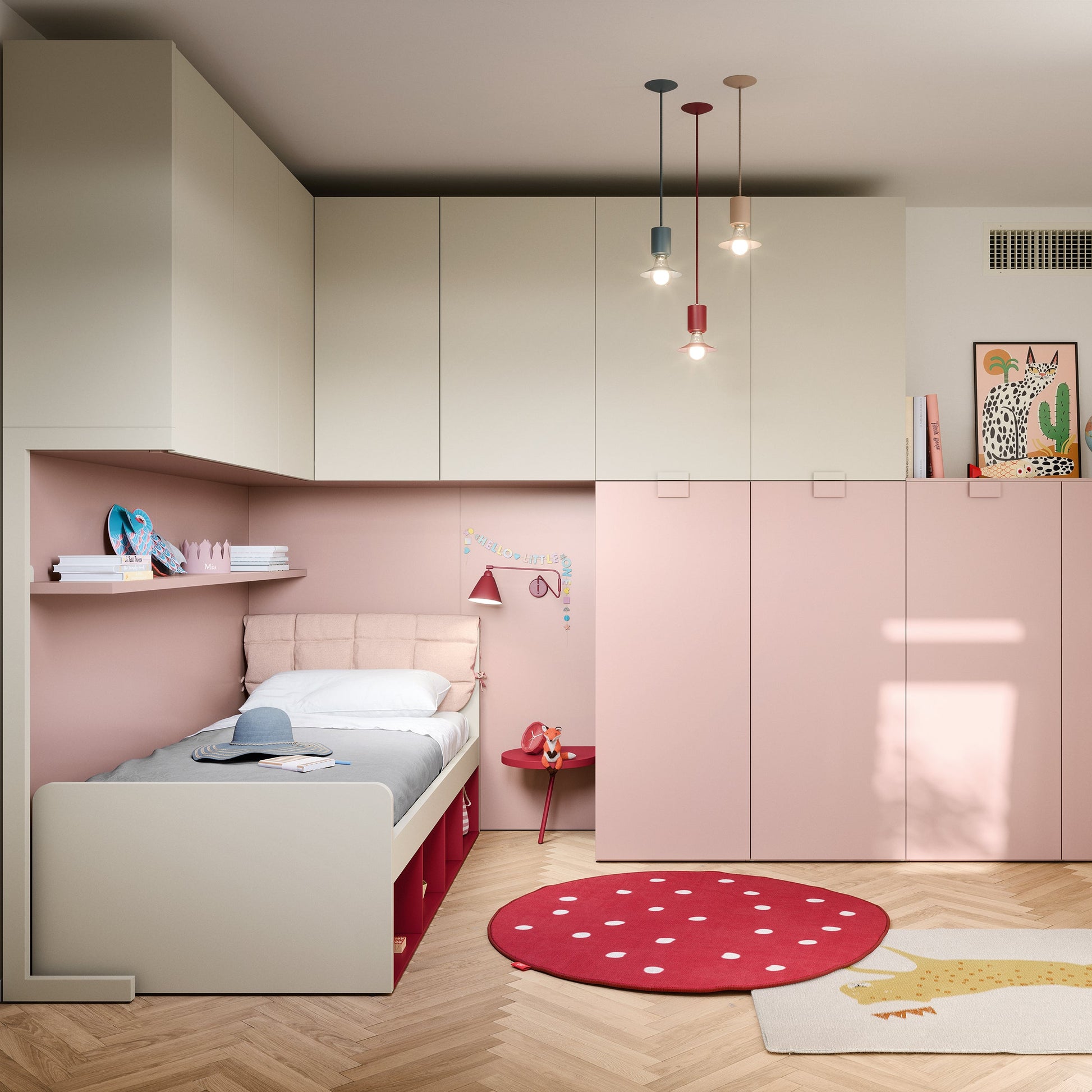 Modern Nidi Kids Space 10 bedroom with overhead cabinets, pink wall panelling, and bed with under-bed storage compartments