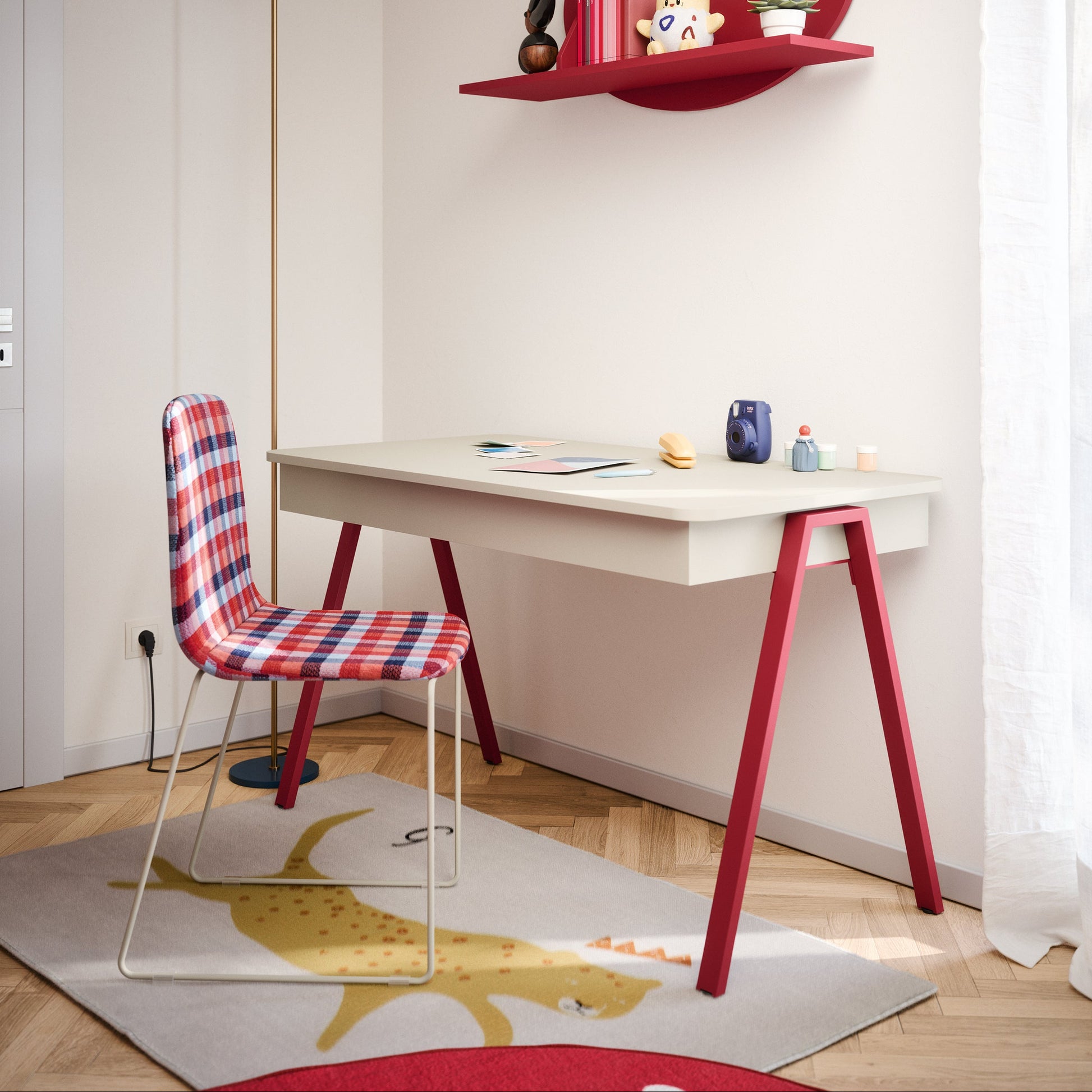 Modern Nidi Kids Space 10 desk with lifting top, internal storage compartments, and circular mirror.