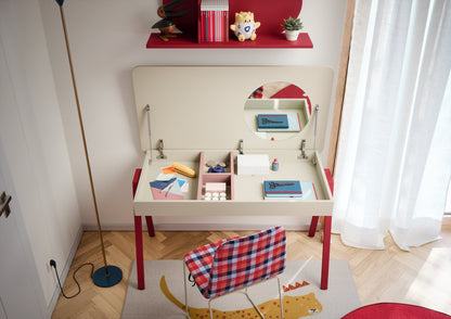Modern Nidi Kids Space 10 desk with open lifting top, internal storage compartments, and circular mirror