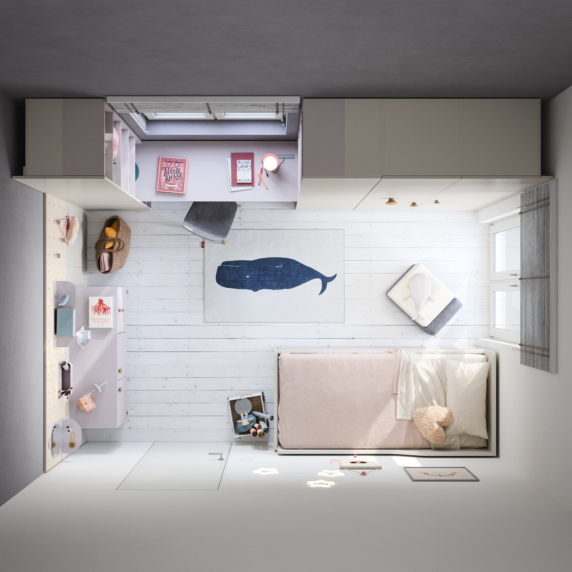 Top-view layout of Nidi Kids Space 11 bedroom showing study desk, wardrobes, bed and modular storage