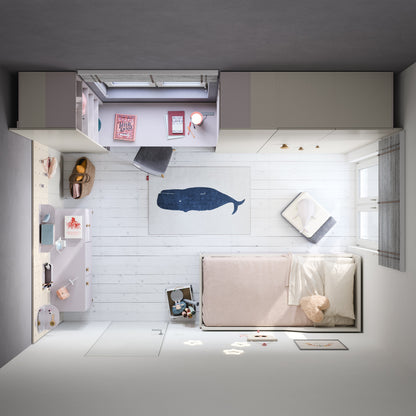 Top-view layout of Nidi Kids Space 11 bedroom showing study desk, wardrobes, bed and modular storage