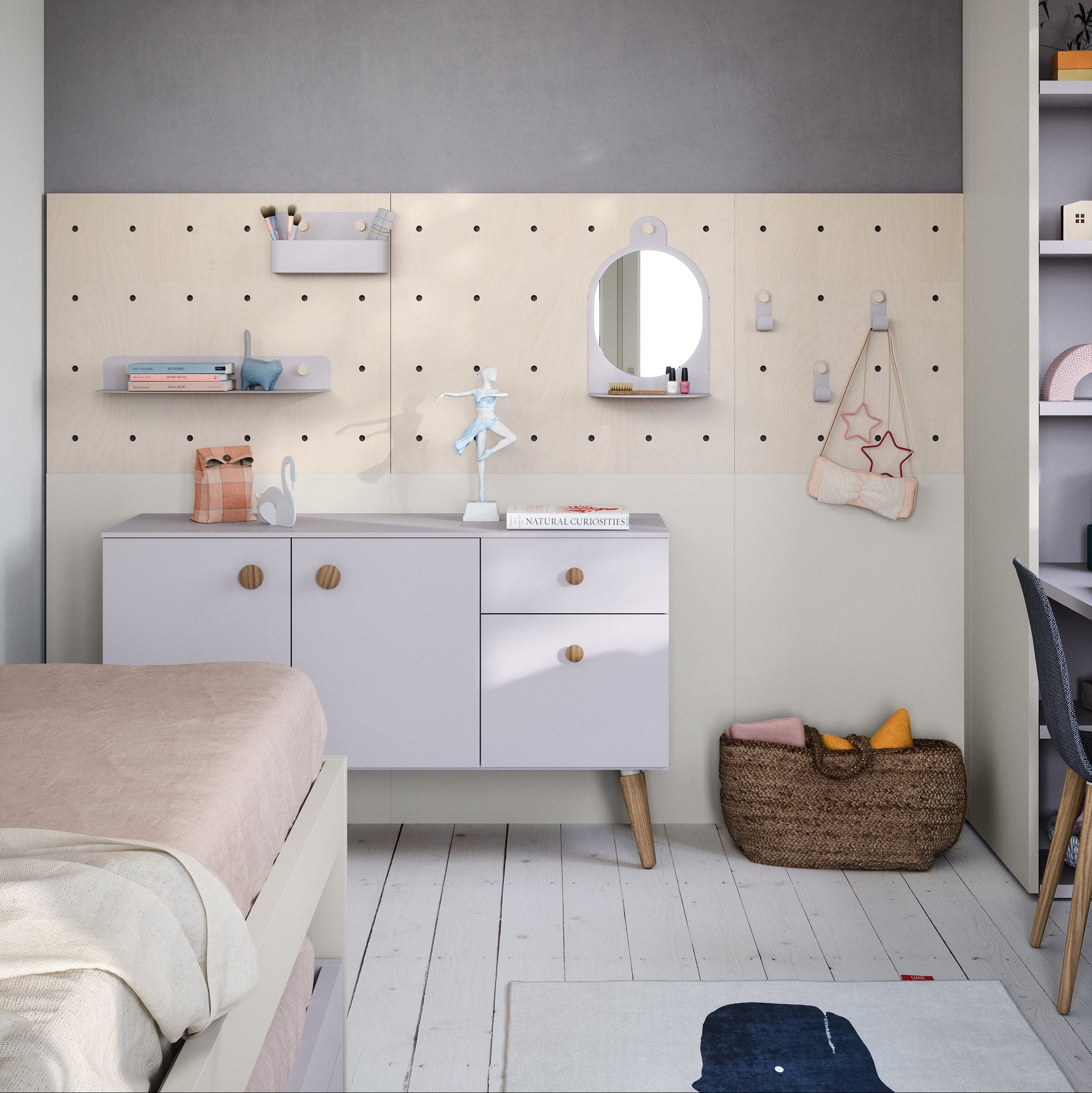 Nidi Kids Space 11 dresser with pegboard wall, storage shelves and modern pastel styling
