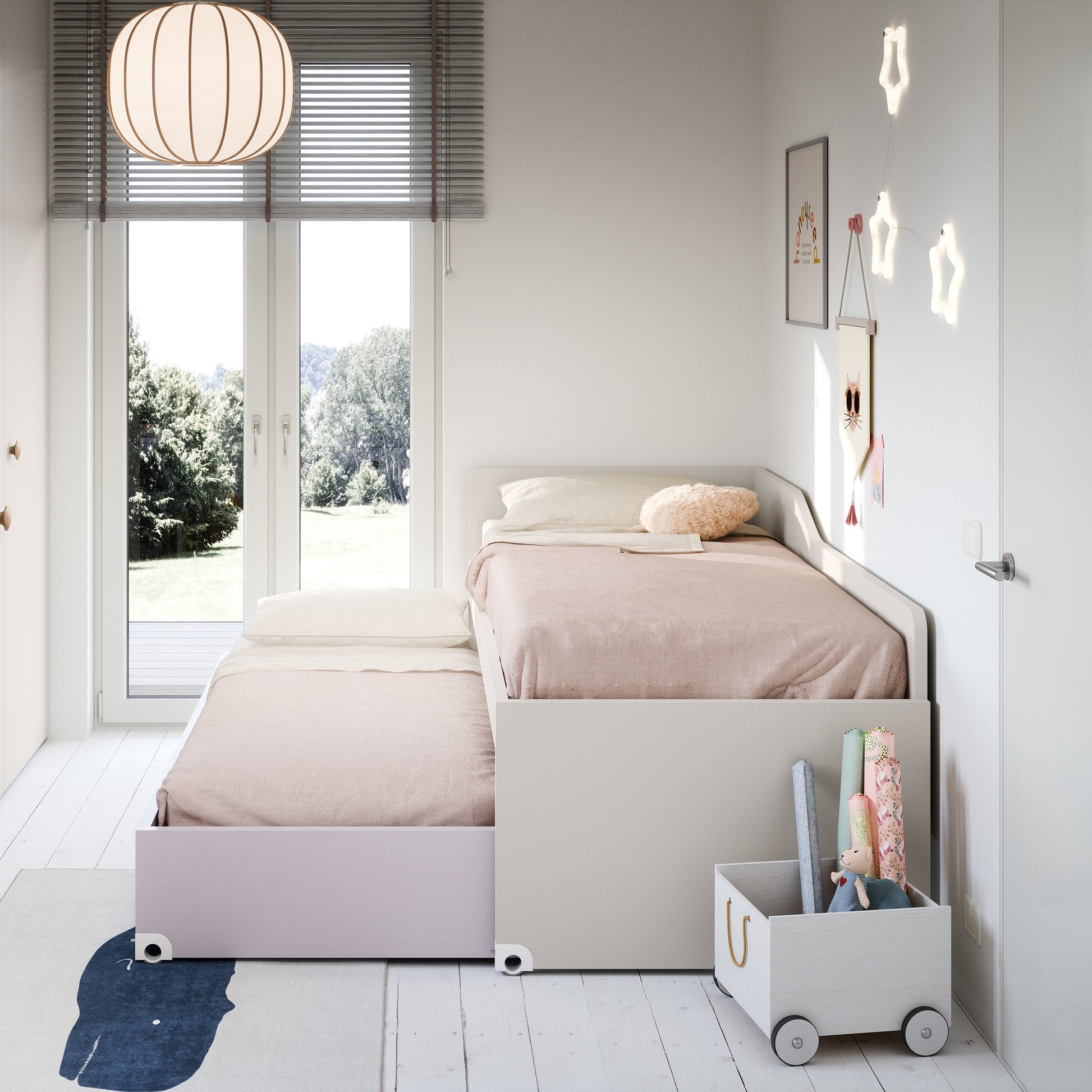 Nidi Kids Space 11 bedroom with dual bed and trundle, lilac shelving and soft pastel colour palette