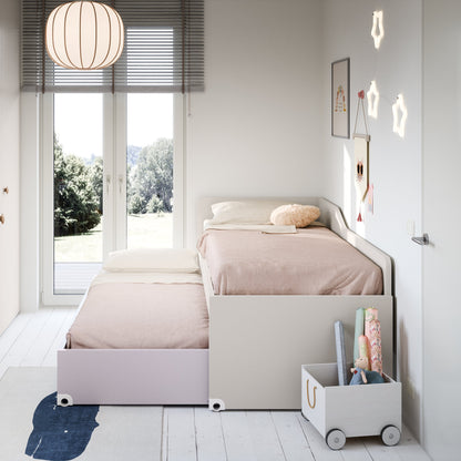 Nidi Kids Space 11 bedroom with dual bed and trundle, lilac shelving and soft pastel colour palette