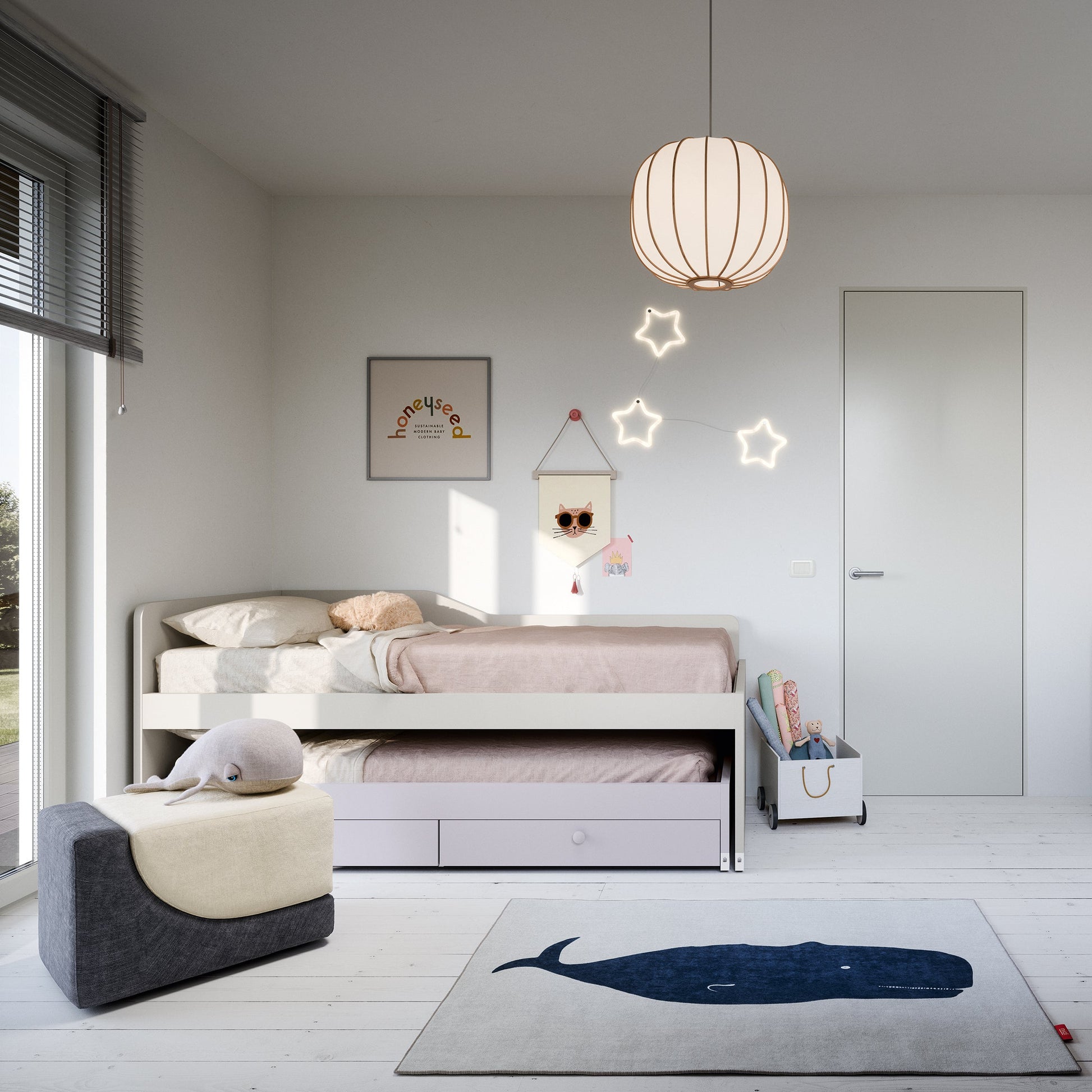 Nidi Kids Space 11 single bed with trundle drawer, pegboard storage wall and soft neutral decor