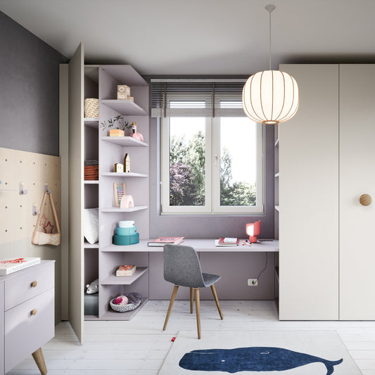 Modern Nidi Kids Space 11 study desk with integrated shelving, large window and built-in wardrobes