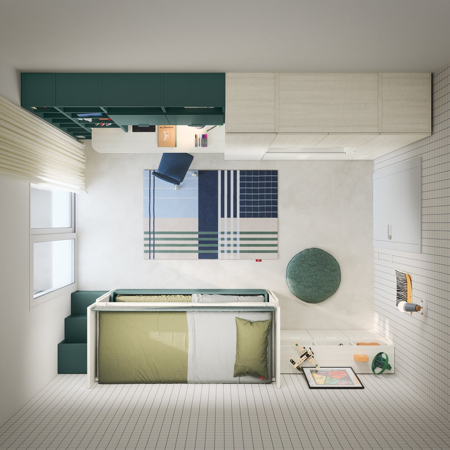 Top-view layout of Nidi Kids Space 12 bedroom showing bunk bed, study desk and modular teal shelving.