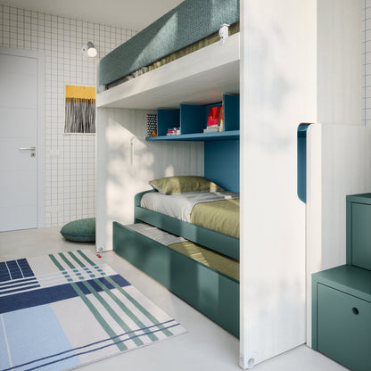 Nidi Kids Space 12 bunk bed with pull-out trundle drawer and teal storage shelves under the top bunk.