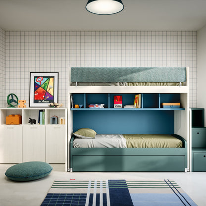 Nidi Kids Space 12 bunk bed with teal shelving, modern storage cabinet and graphic artwork
