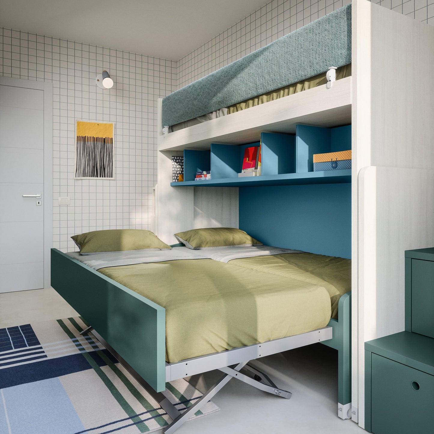 Nidi Kids Space 12 lower bunk lifting into double bed position beneath teal shelving and upper bunk
