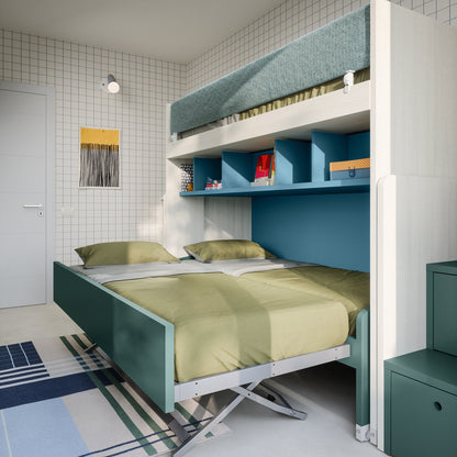 Nidi Kids Space 12 lower bunk lifting into double bed position beneath teal shelving and upper bunk