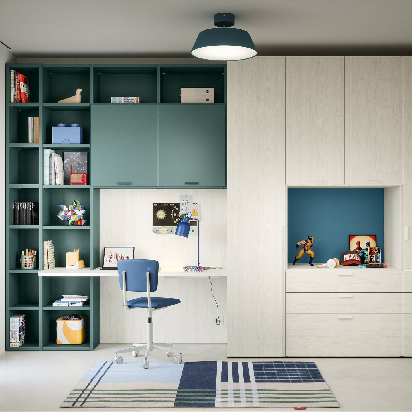 Modern Nidi Kids Space 12 study desk with teal modular shelving, built-in wardrobe wall and blue desk chair.