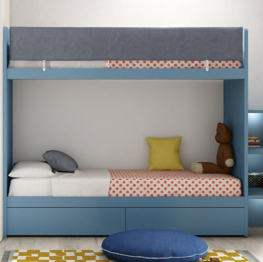 Blue bunk bed with storage steps 