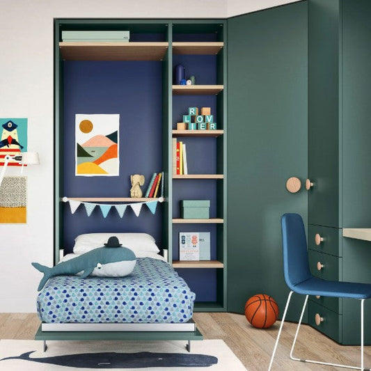 Children's bedroom with green Murphy bed, bookshelf, and desk.