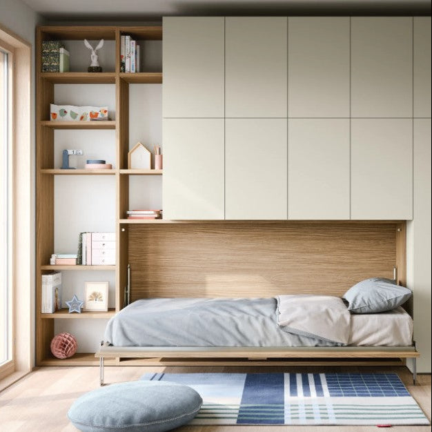 Modern bedroom with wooden shelves and a horizontal wall bed