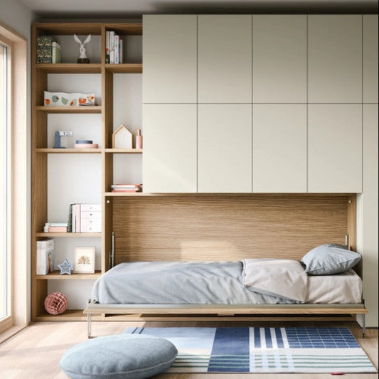 Modern bedroom with wooden shelves and a horizontal wall bed