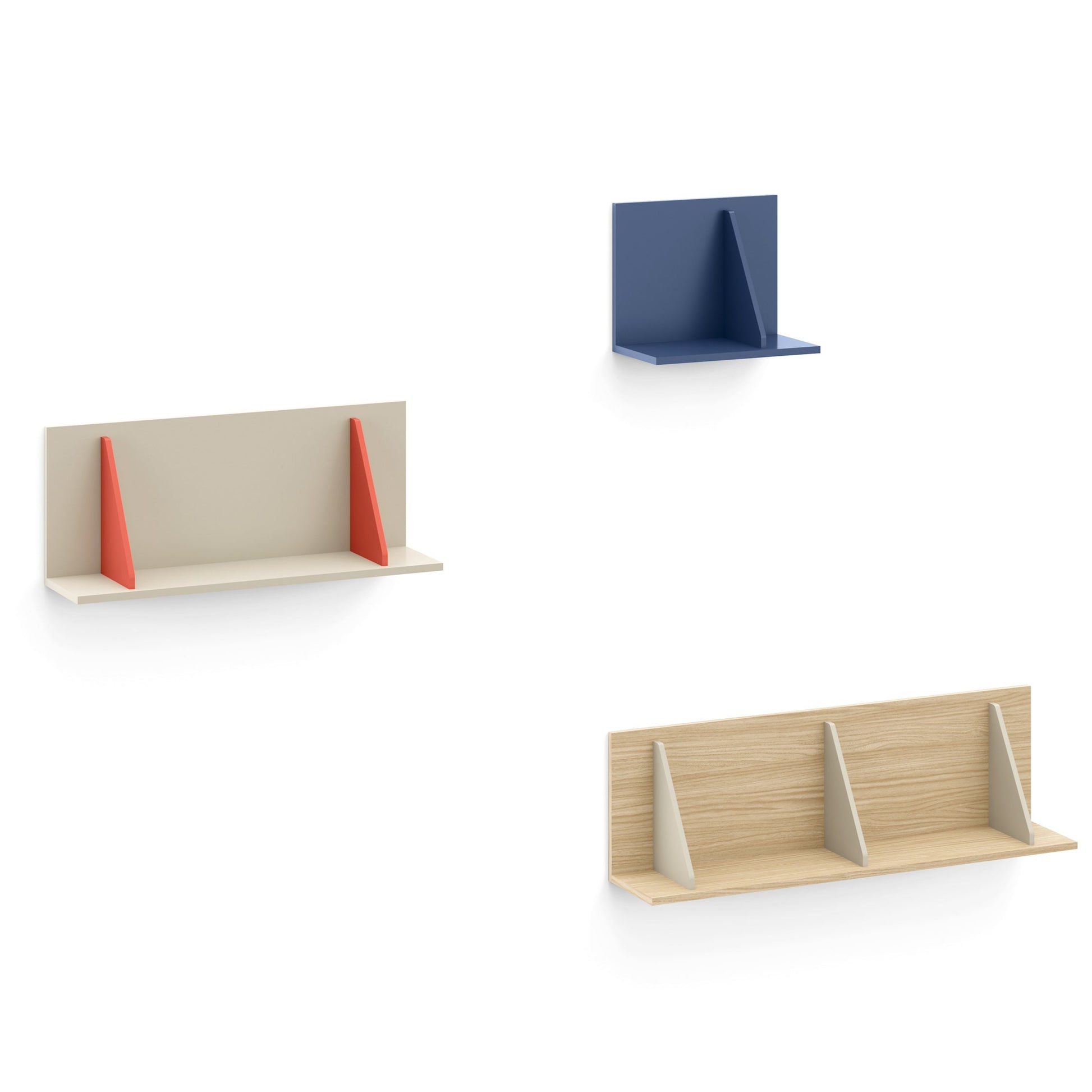 Set of three wall shelves in different colors on a white background