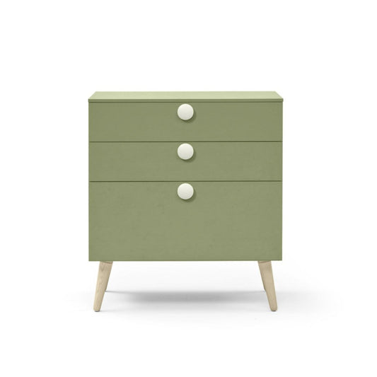 Green dresser with white knobs on a white background