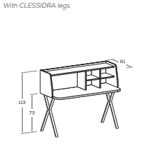 Technical drawing of a table with CLESSIDRA legs, showing dimensions.