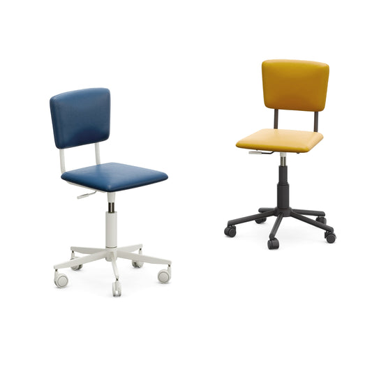 Two kids desk chairs, one blue and one yellow, on a white background