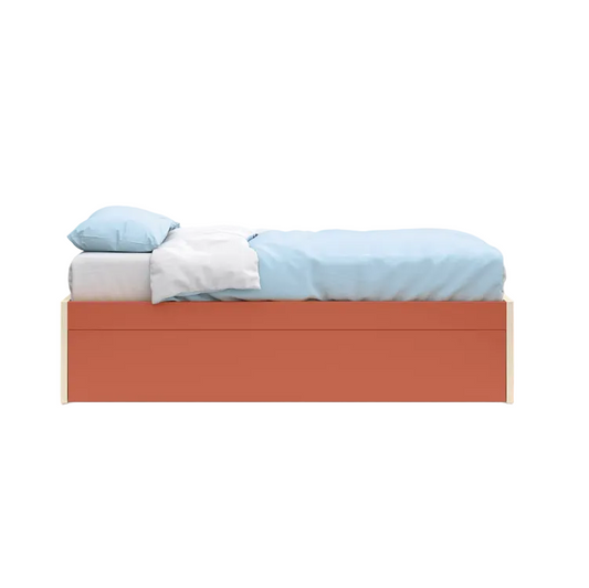 Bed with orange frame and light blue bedding on a white background