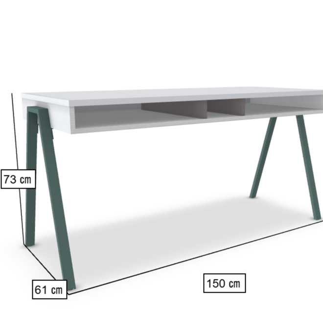 White desk with green legs and dimensions labeled on a white background