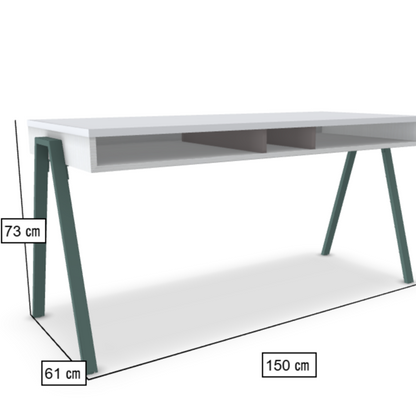 White desk with green legs and dimensions labeled on a white background