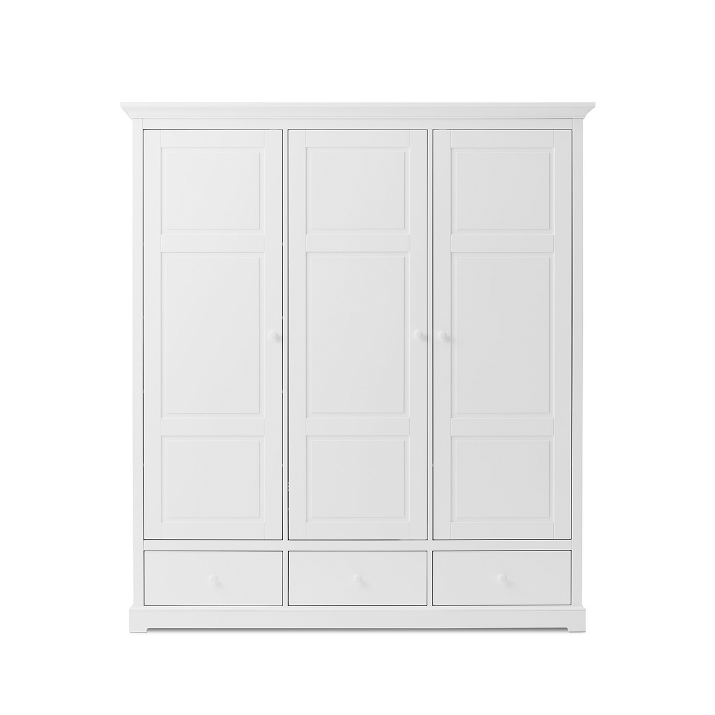 A tall white three-door wardrobe or armoire with decorative panel doors and three drawers at the bottom, shown against a plain white background.