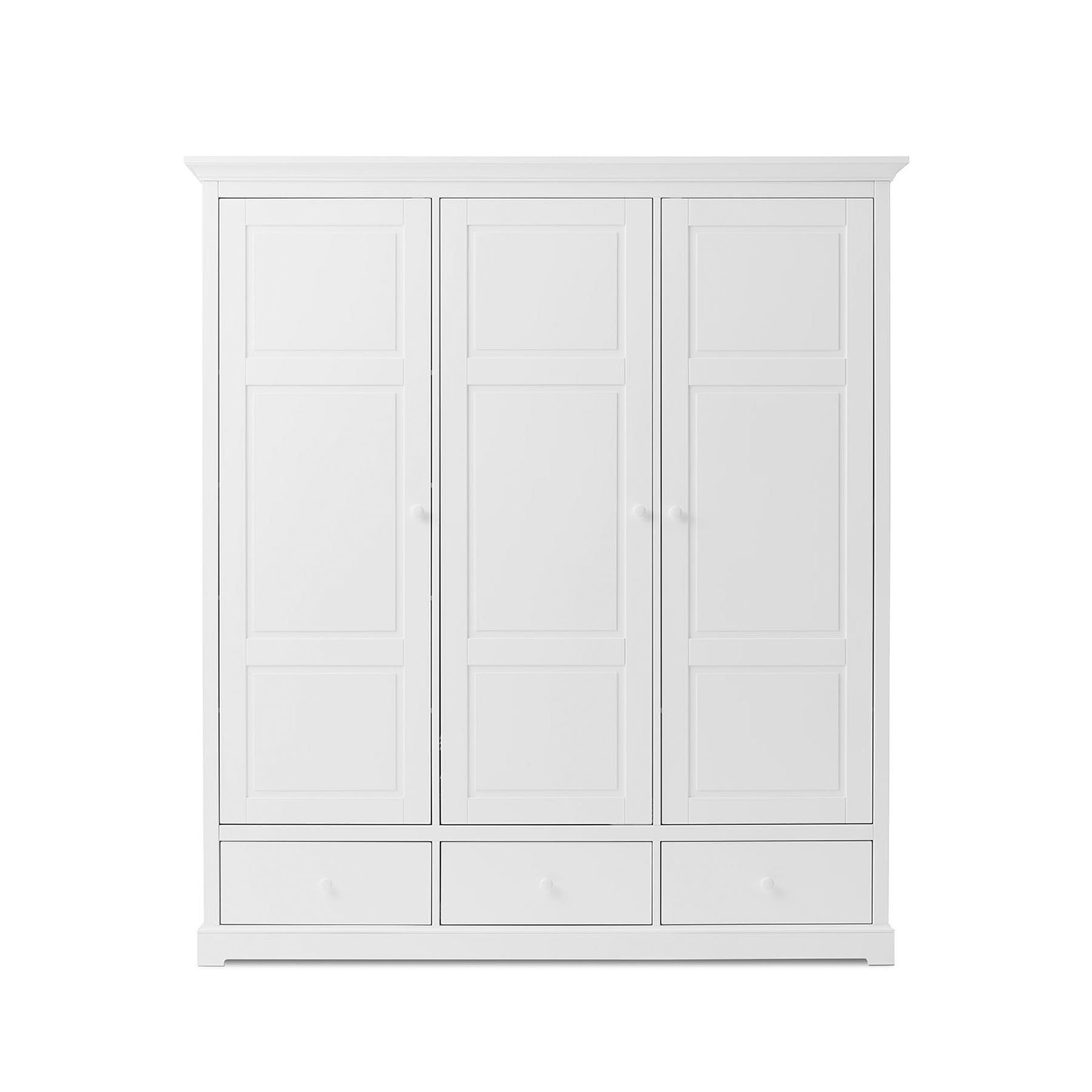 A tall white three-door wardrobe or armoire with decorative panel doors and three drawers at the bottom, shown against a plain white background.