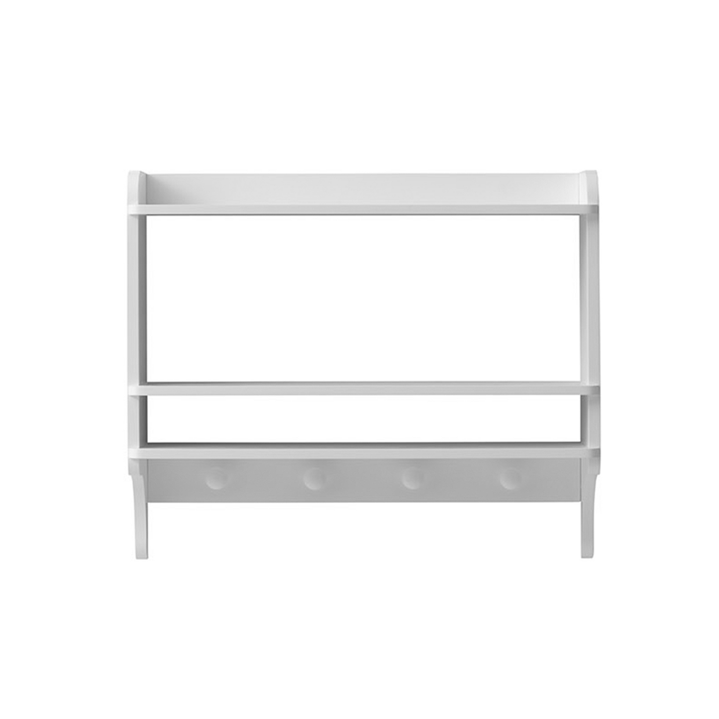 A white two-tier wooden shelf with a bottom coat rack featuring five pegs, shown against a plain white background.
