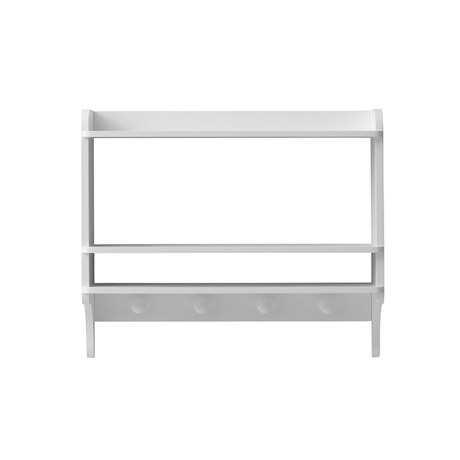 A white two-tier wooden shelf with a bottom coat rack featuring five pegs, shown against a plain white background.
