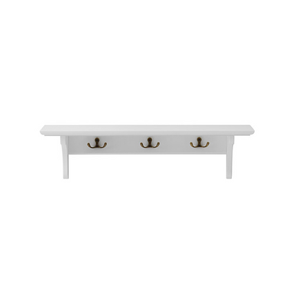 White wall-mounted coat rack with four hooks on a white background