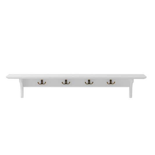 white nursery kids wallshelf with brass hooks 