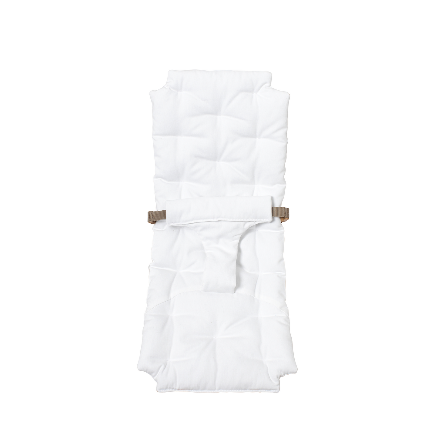 White baby ROCKER COVER  with brown straps on a white background